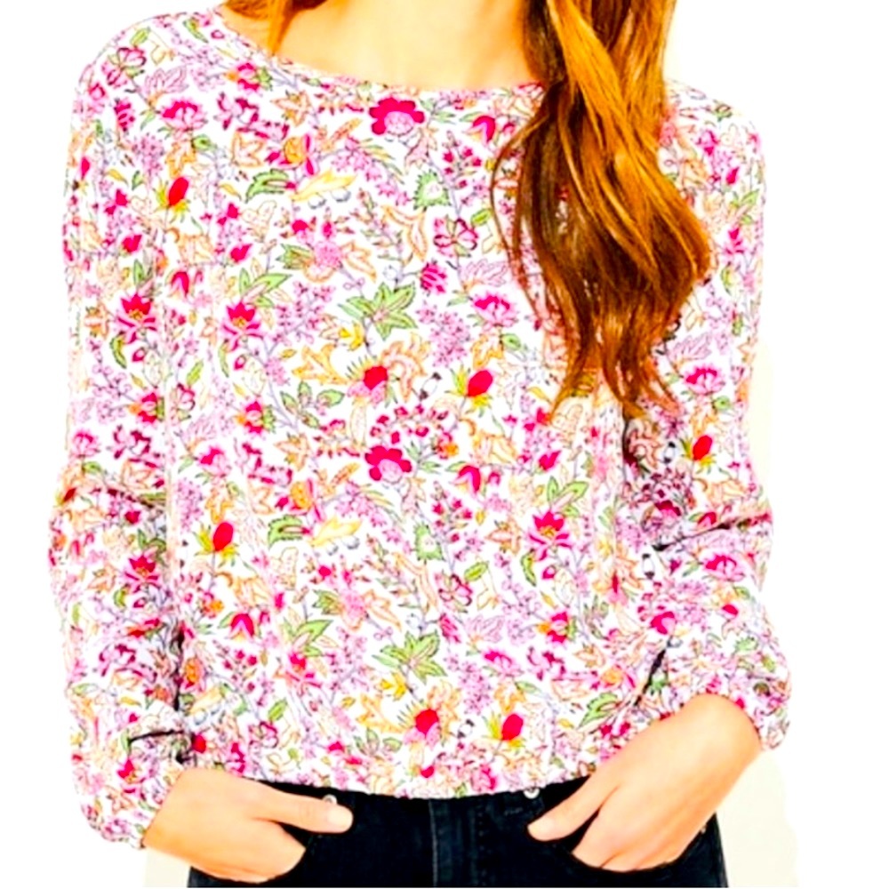 LOFT Floral Back Crop Top Long Sleeve Crew Neck Blouse Deep Back V, gently used